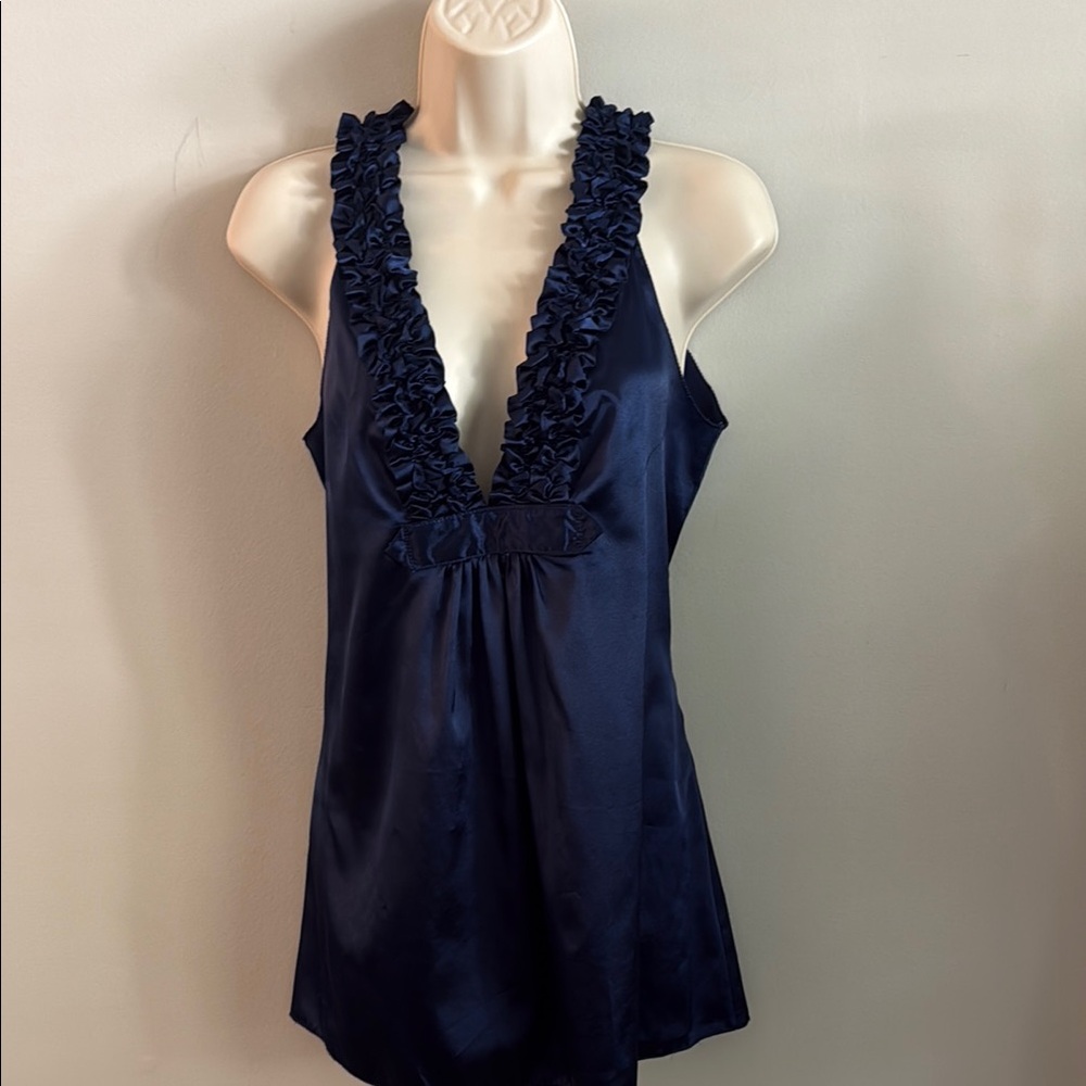 Max Studio Navy Satin-Feel V-Neck Ruffle Trim Tank size medium